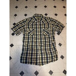 Sonoma Life + Style Plaid Western Snap Button-Up Shirt Blue Brown Yellow Men's M